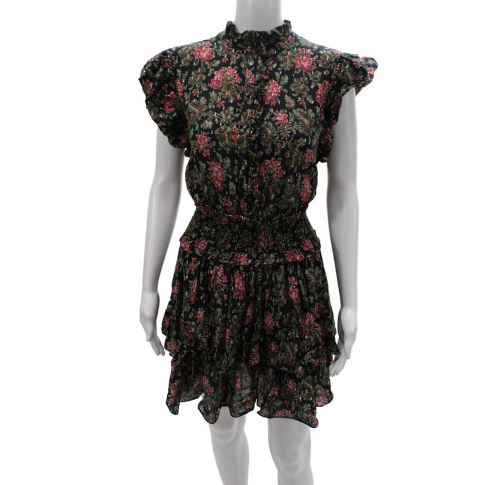 La Vie Womens Mini Floral Black High Neck Button Short Sleeve Dress Size L
